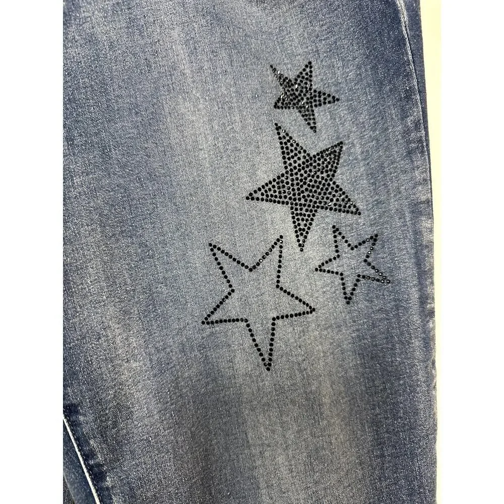 VIA RITINA Women's Denim Rhinestone Star Skinny Jeans Blue Size 10